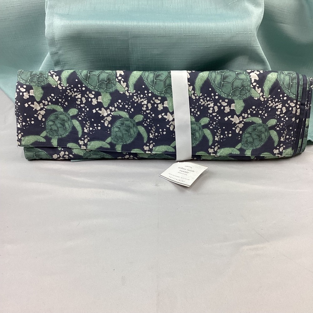 NEW Pottery Barn Sydney Turtle Table Runner Navy Blue Green Coastal 18"x108"